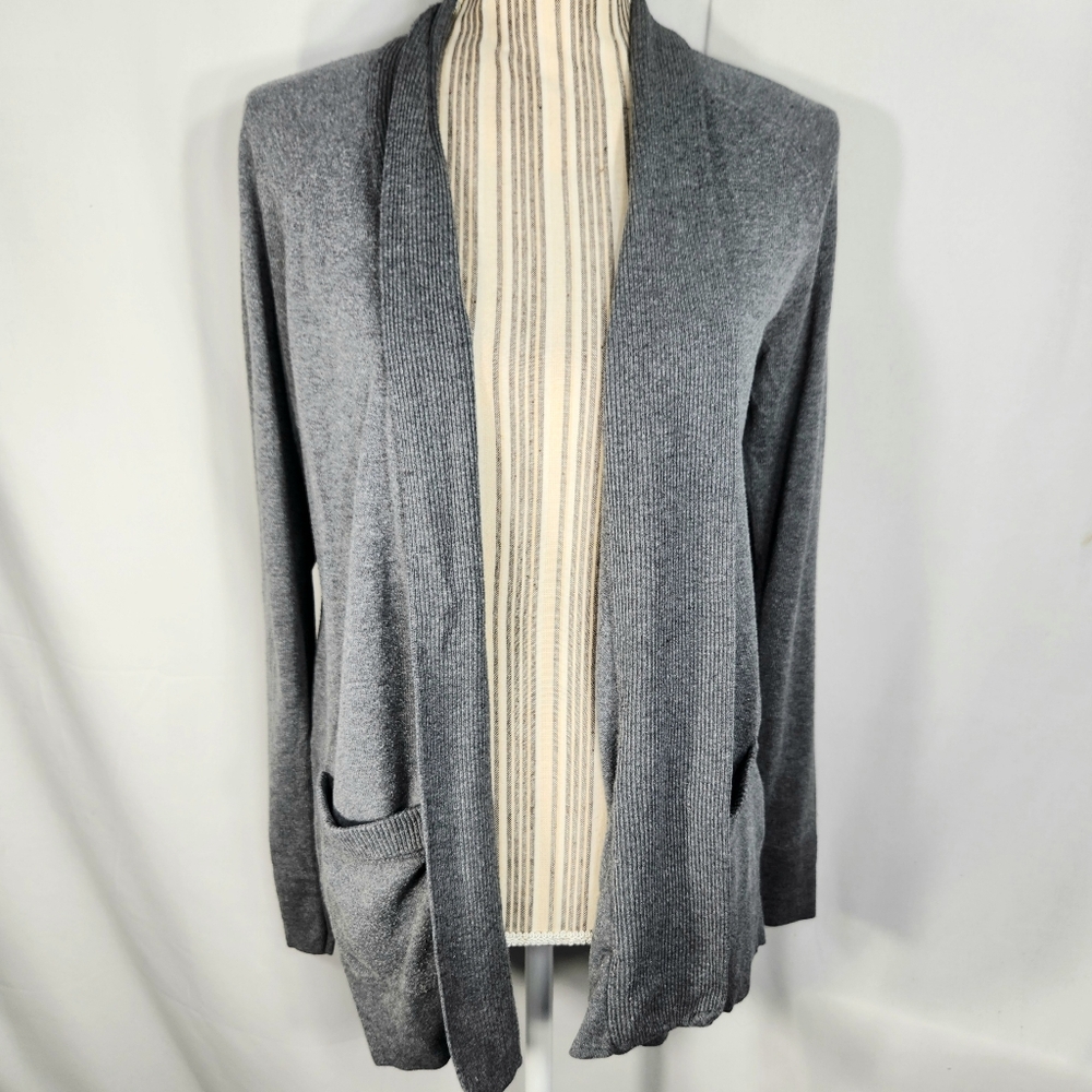 Gap Grey Open Front Ribbed Neck & Opening Edges Long Sleeve Cardigan Size Medium